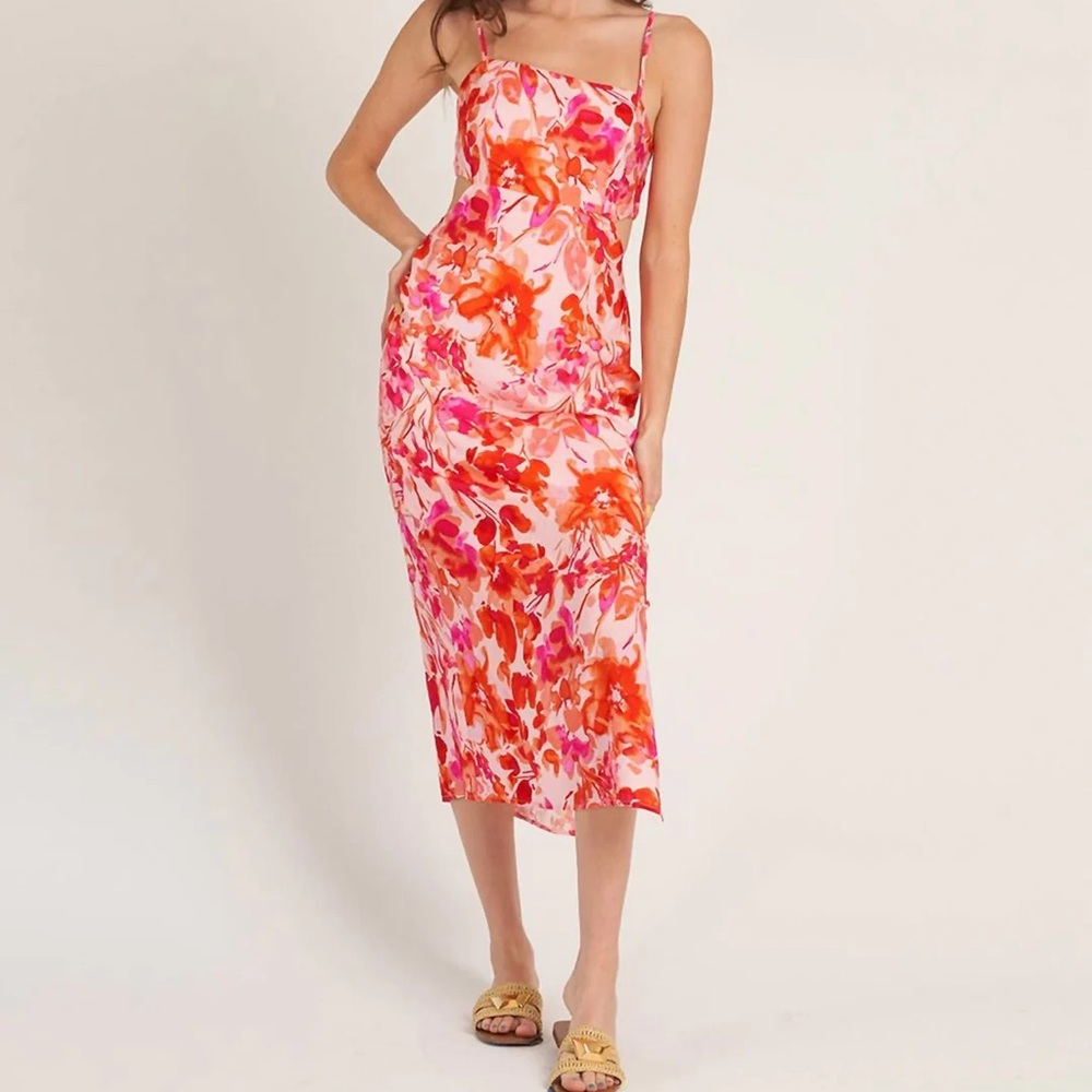 En Creme Floral Pink and Orange Midi Dress